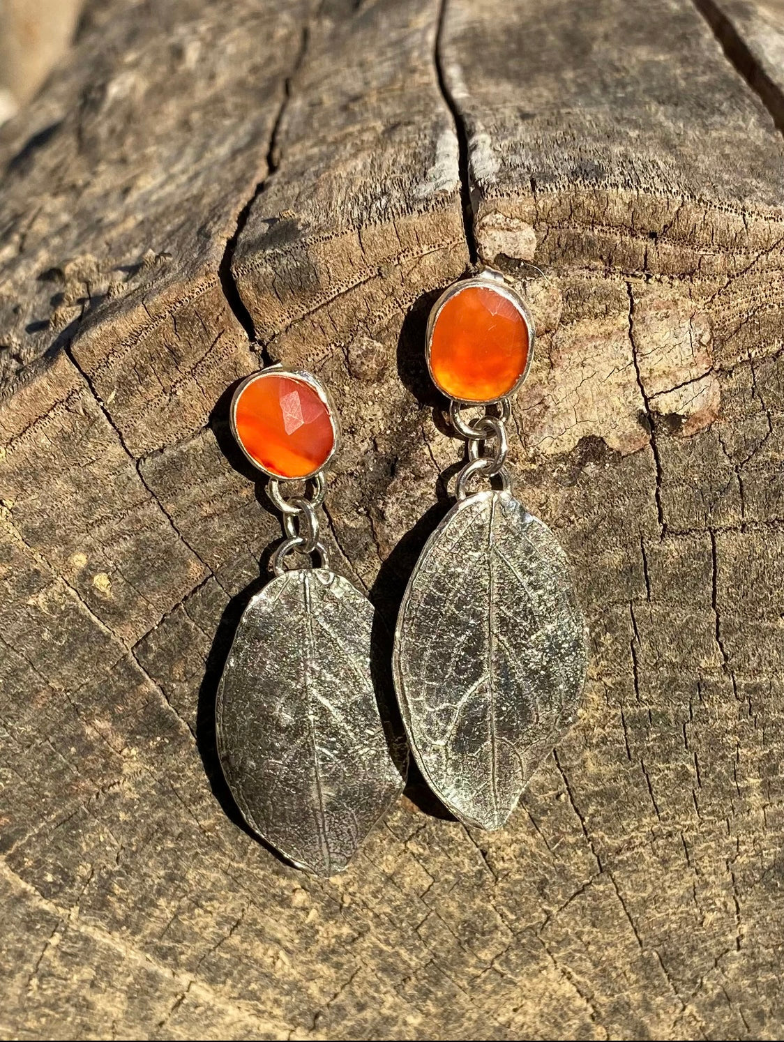 Carnelian silver leaf earrings