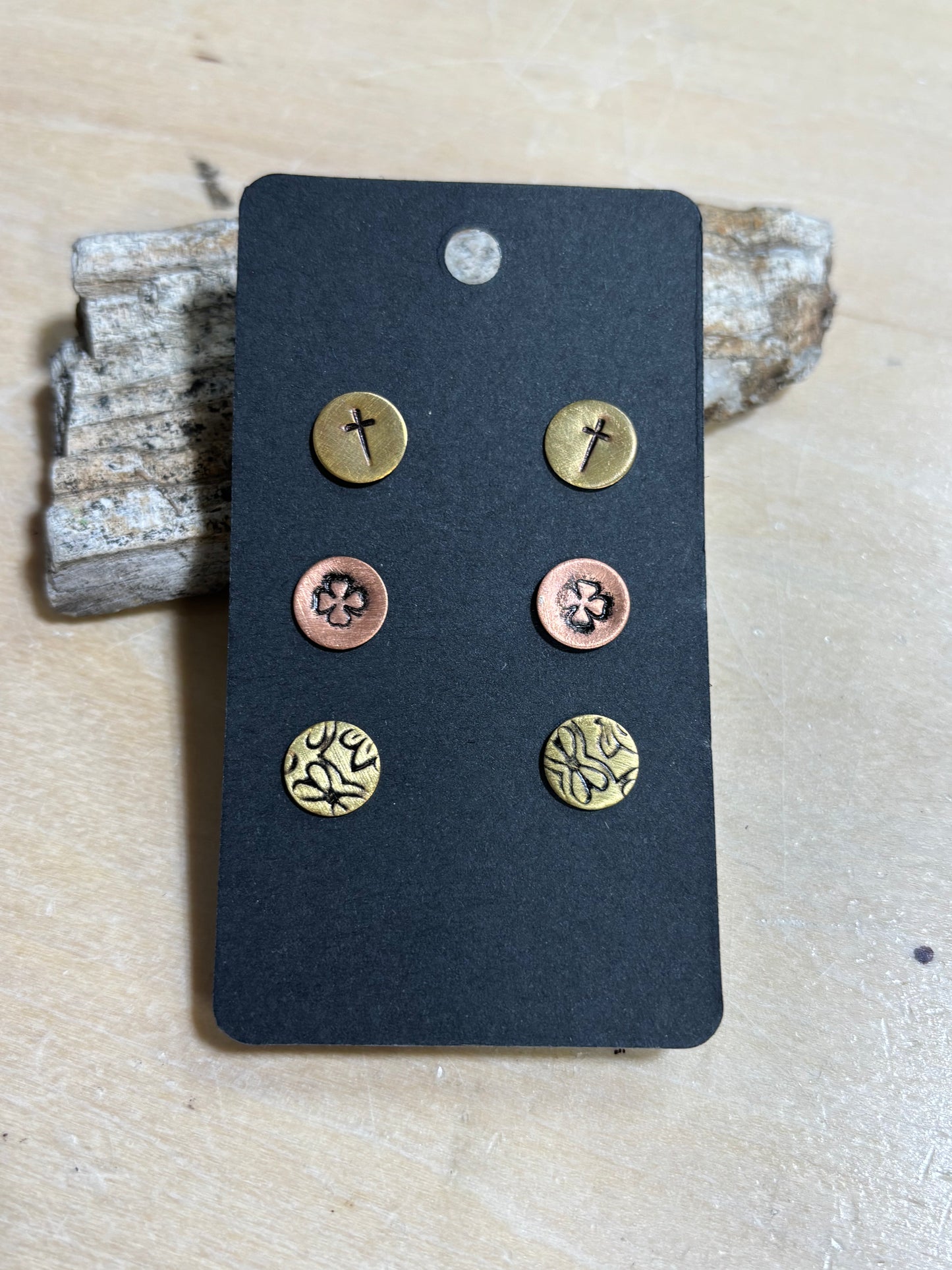 Trio Stamped copper/brass post earrings