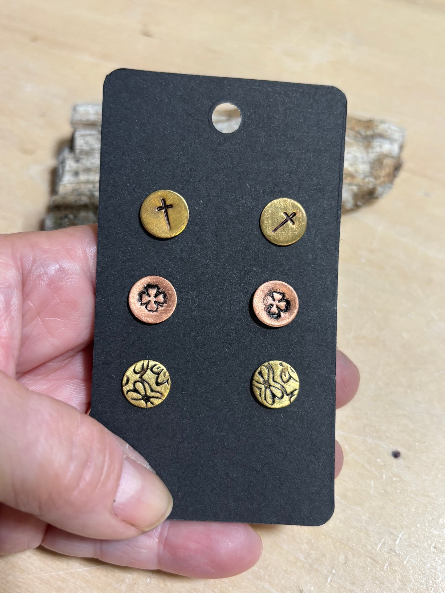Trio Stamped copper/brass post earrings