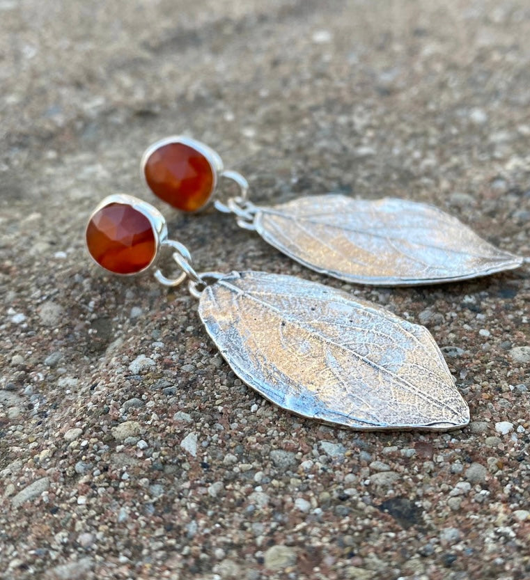 Carnelian silver leaf earrings