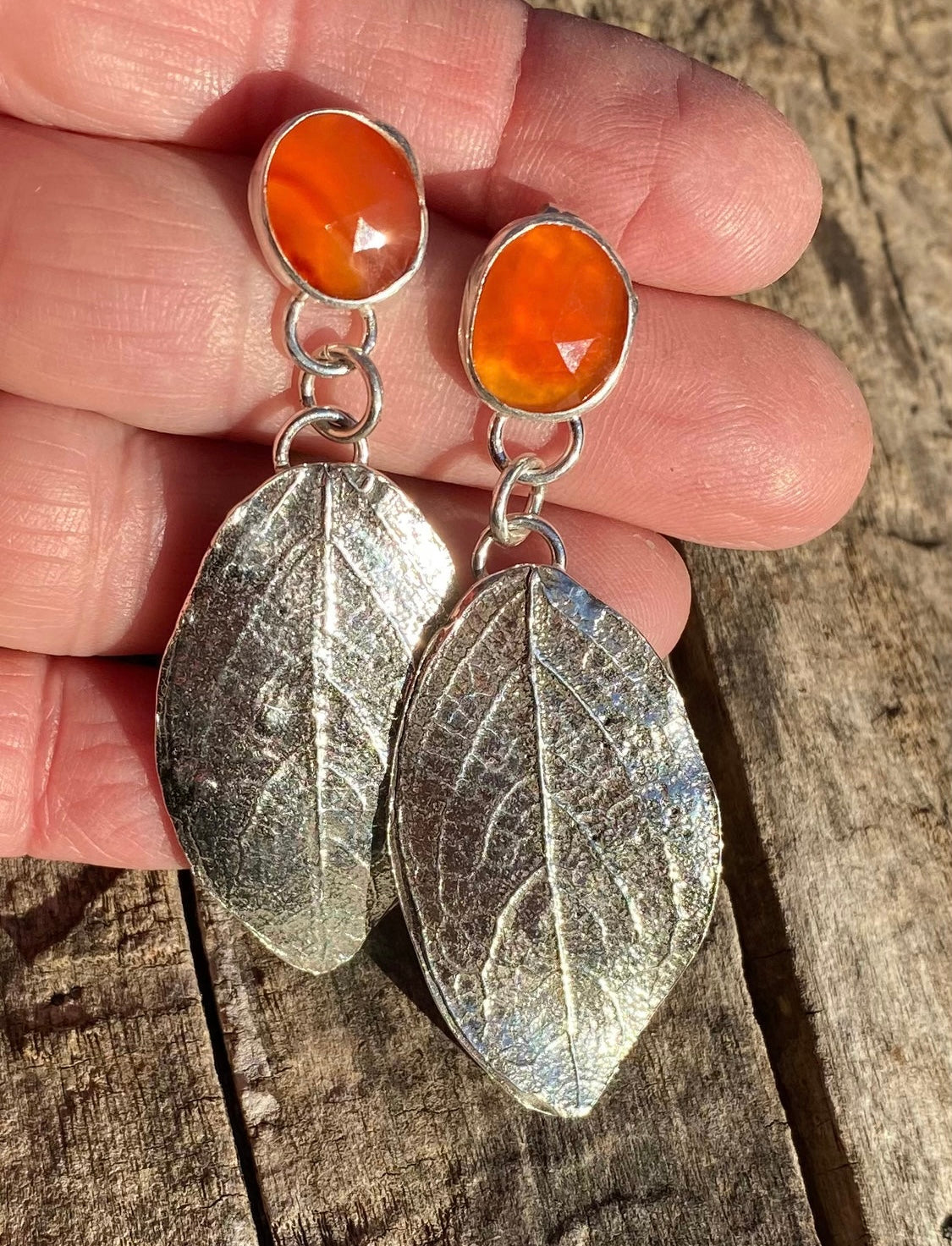 Carnelian silver leaf earrings