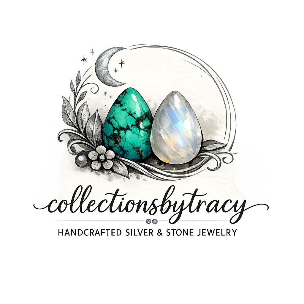Logo for 'collectionsbytracy' featuring two stones and decorative elements on a white background.