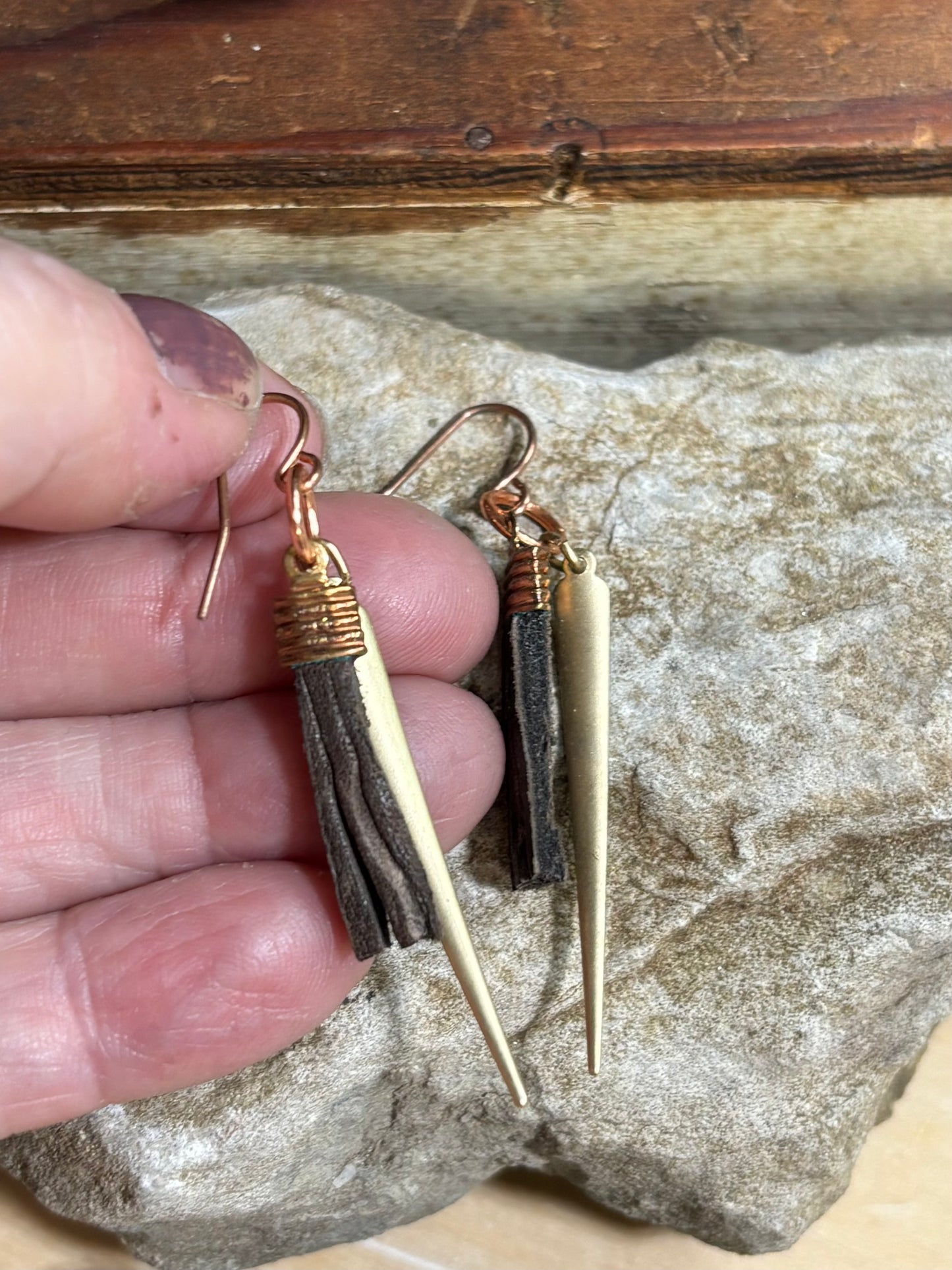 Leather and Brass spike earring