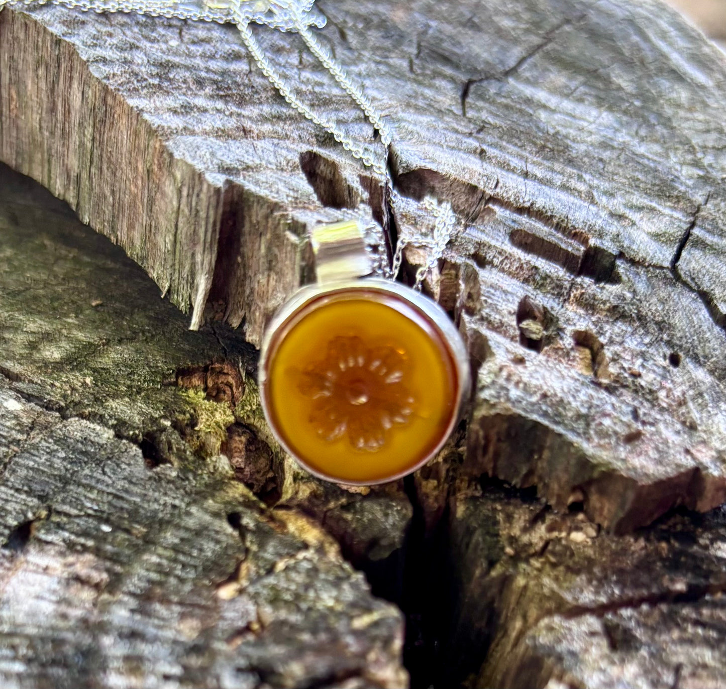 Yellow Flower etched glass necklace