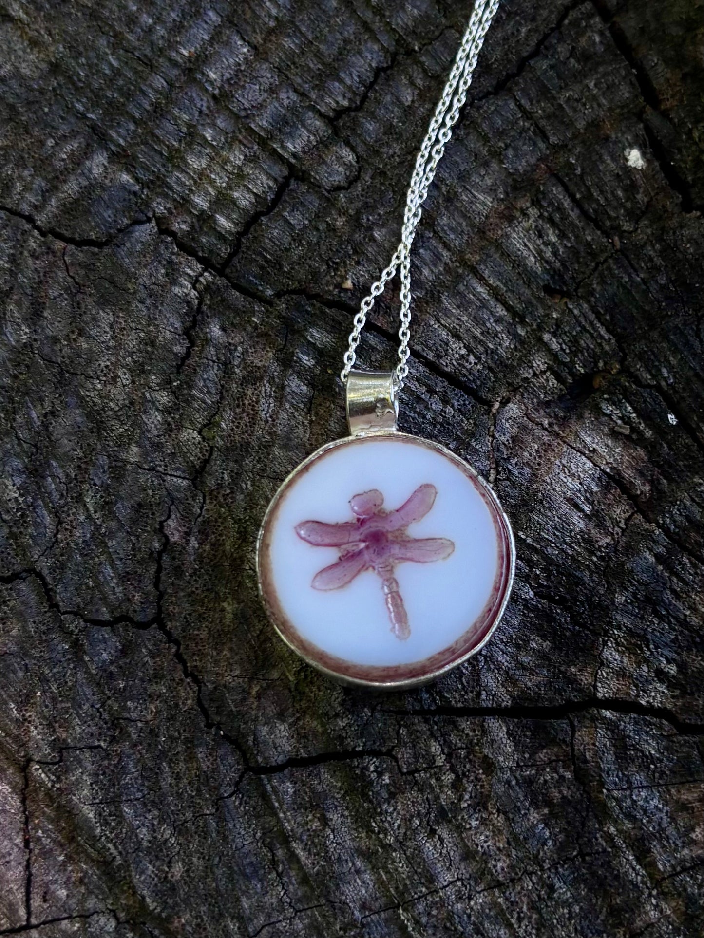 Dragonfly etched glass necklace