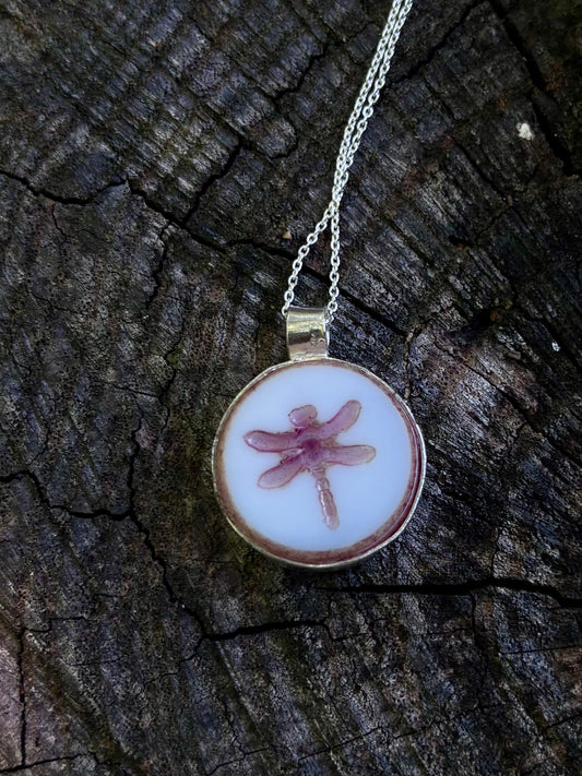 Dragonfly etched glass necklace