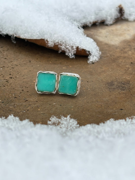 Aqua Czech glass square post earring