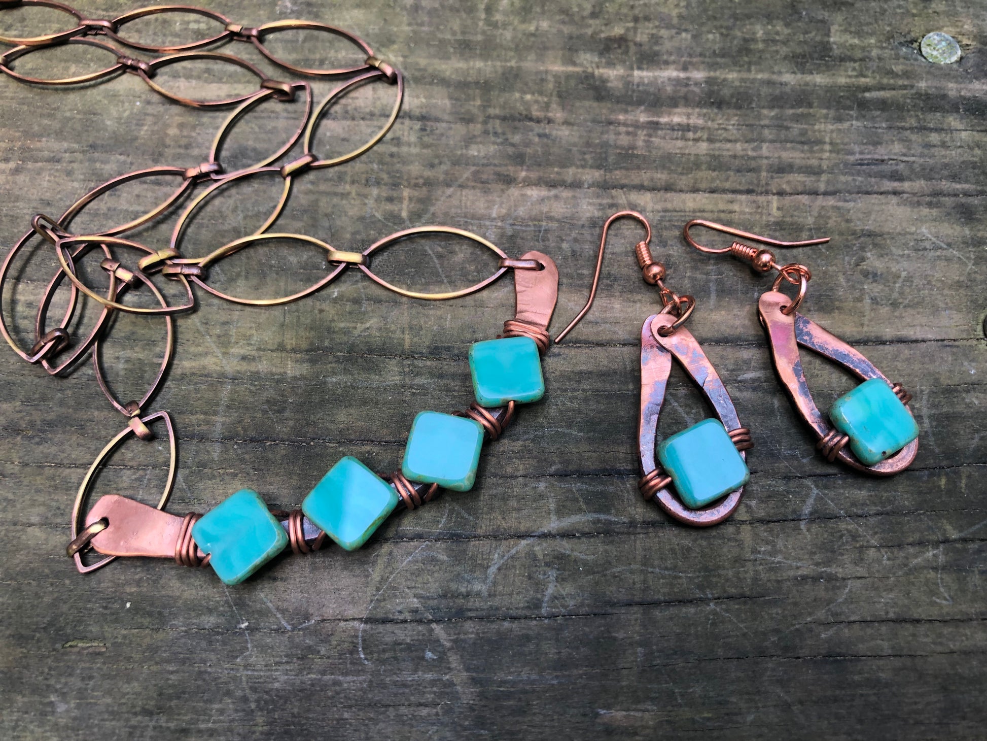 Copper Czech glass necklace earrings set - collectionsbytracy.com