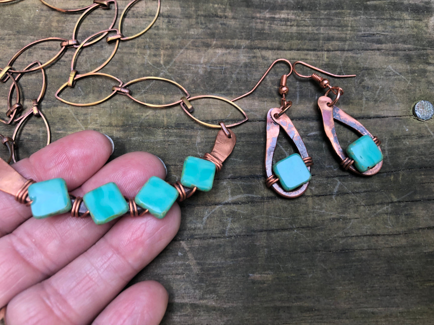 Copper Czech glass necklace earrings set - collectionsbytracy.com