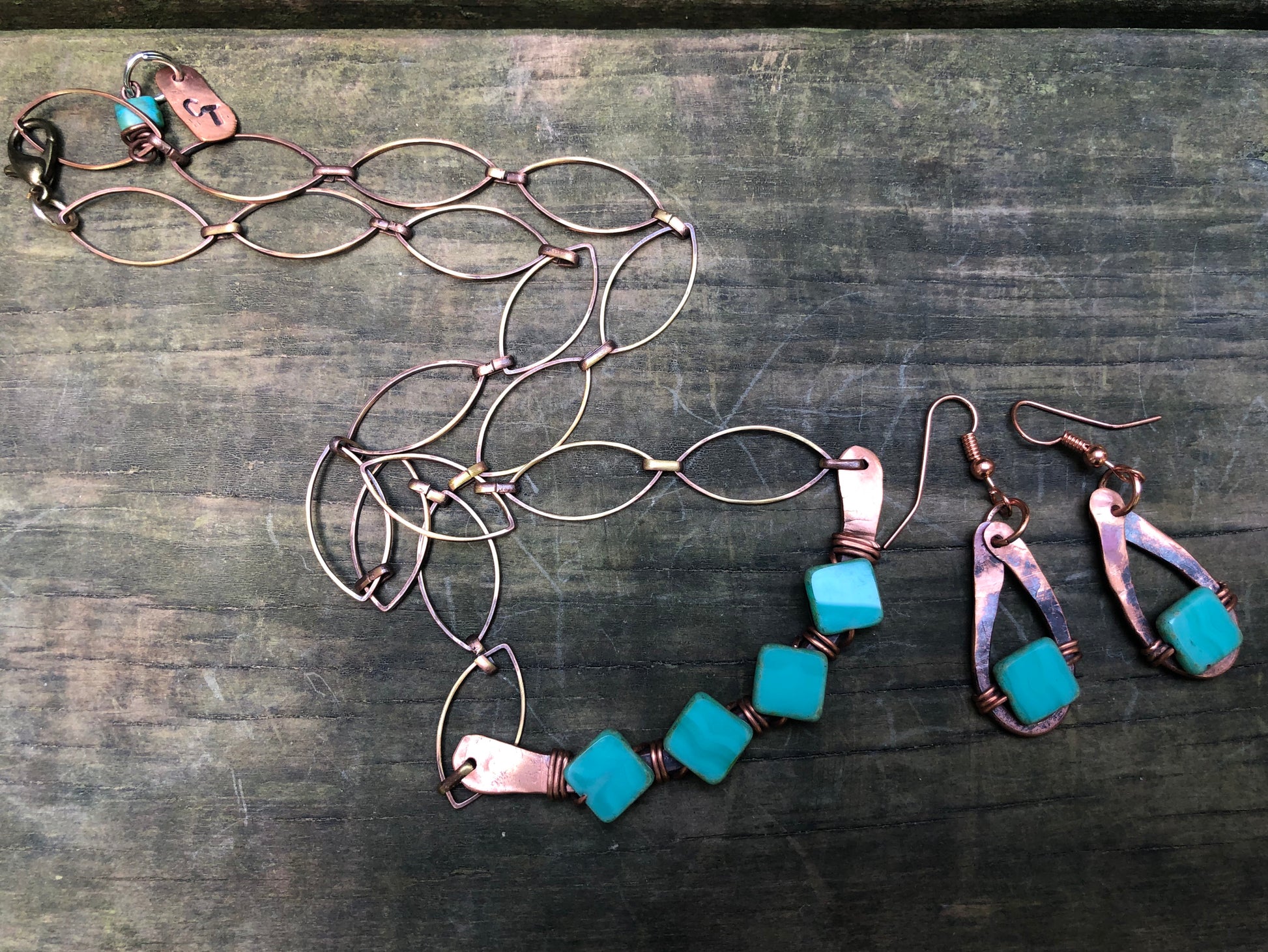 Copper Czech glass necklace earrings set - collectionsbytracy.com